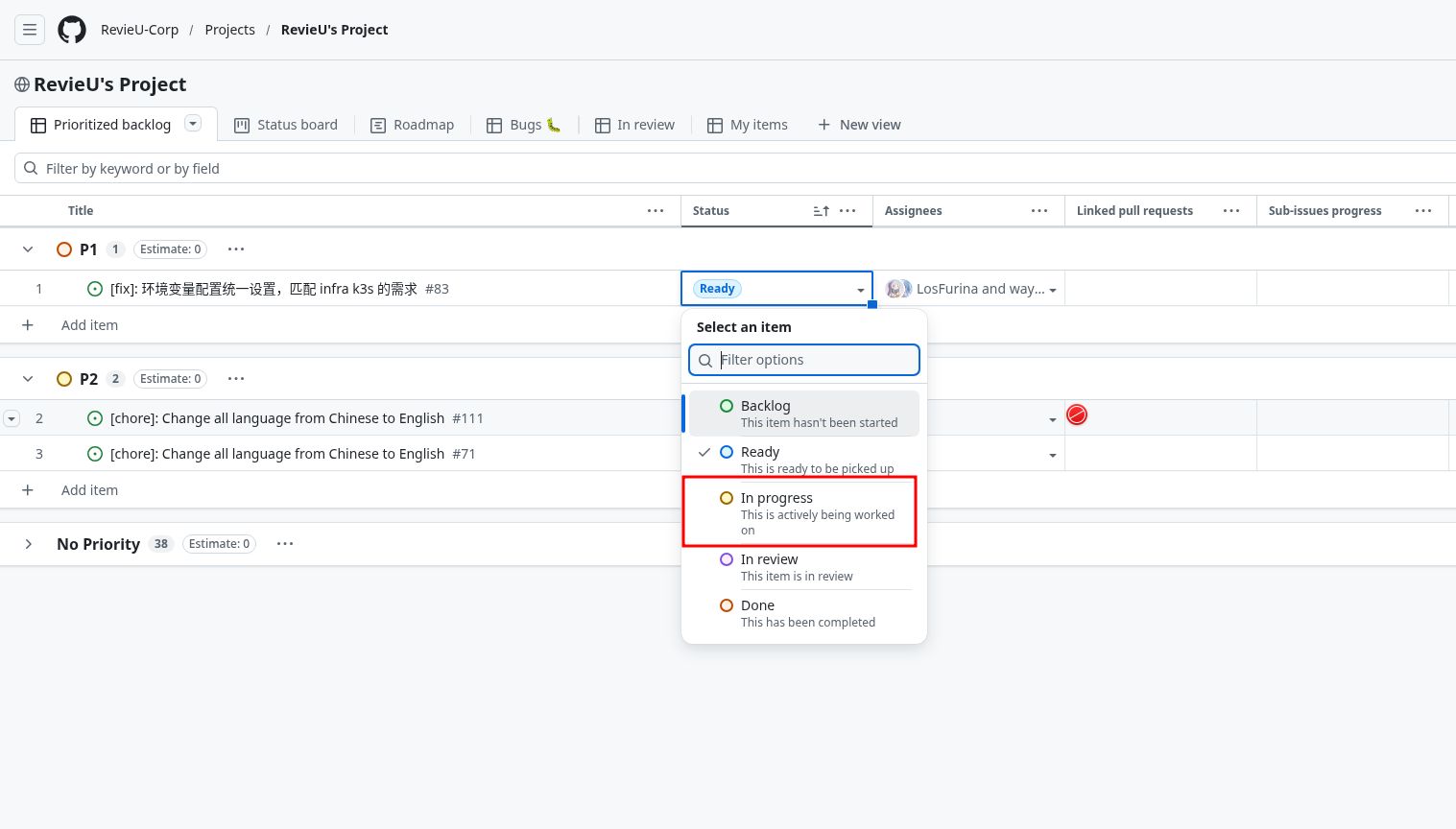 Set status, change status from ready to In progress
